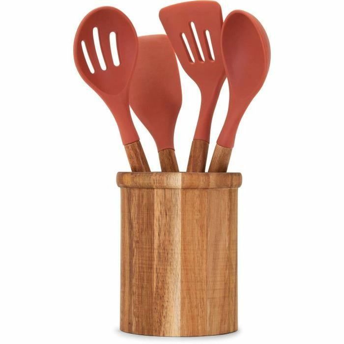 Livoo Set d'ustensiles de cuisine MES153 Orange, 5 pièces avec pot en acacia FSC