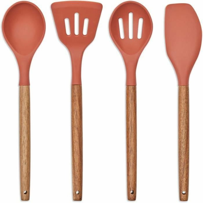 Livoo Set d'ustensiles de cuisine MES153 Orange, 5 pièces avec pot en acacia FSC