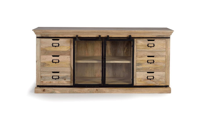 GINER Y COLOMER Buffet en bois de manguier et métal noir, style industriel avec 6 tiroirs et 2 portes coulissantes, 180x85x45 cm