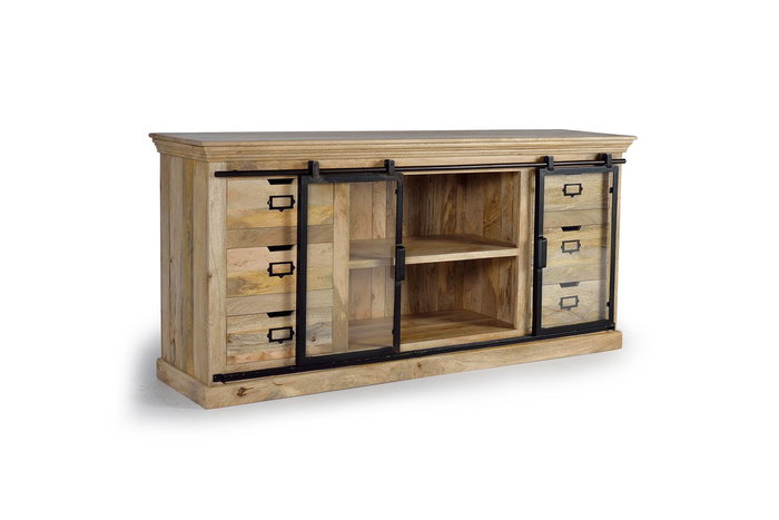 GINER Y COLOMER Buffet en bois de manguier et métal noir, style industriel avec 6 tiroirs et 2 portes coulissantes, 180x85x45 cm