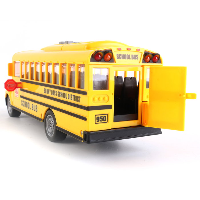 TACHAN Autobus Scolaire Américain 1:16 avec Effets Sonores et Lumineux, Fonctionne par Friction, Jaune (Langues: Anglais, Français, Allemand, Italien, Portugais, Espagnol), +3 Ans