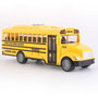 TACHAN Autobus Scolaire Américain 1:16 avec Effets Sonores et Lumineux, Fonctionne par Friction, Jaune (Langues: Anglais, Français, Allemand, Italien, Portugais, Espagnol), +3 Ans