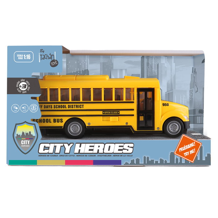 TACHAN Autobus Scolaire Américain 1:16 avec Effets Sonores et Lumineux, Fonctionne par Friction, Jaune (Langues: Anglais, Français, Allemand, Italien, Portugais, Espagnol), +3 Ans