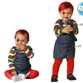 Déguisement Bébé Fille Muñeca Sangrienta 6-12 Mois, Camiseta à Rayures et Salopette en Jean Gris pour Halloween