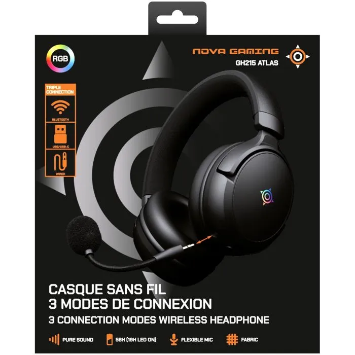 Nova Gaming Casque Gamer sans fil Atlas GH215 - Micro amovible - Audio puissant - Rétroéclairage RGB - Noir