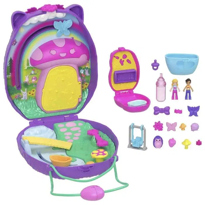 Polly Pocket JBJ91 - Coffret Sac à Main Maman et Bébé Hérissons avec 2 Figurines et 16 Accessoires, Jeu 2 en 1 pour Enfants à Partir de 4 Ans