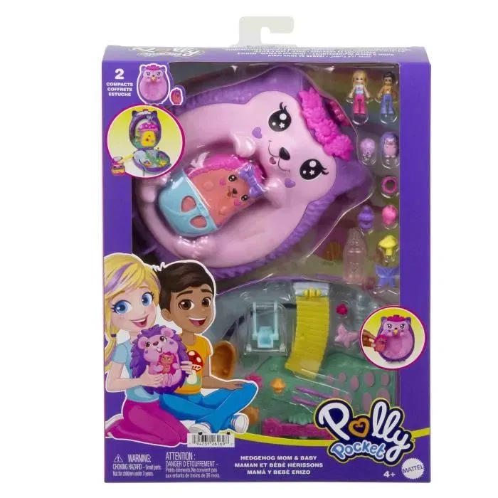 Polly Pocket JBJ91 - Coffret Sac à Main Maman et Bébé Hérissons avec 2 Figurines et 16 Accessoires, Jeu 2 en 1 pour Enfants à Partir de 4 Ans