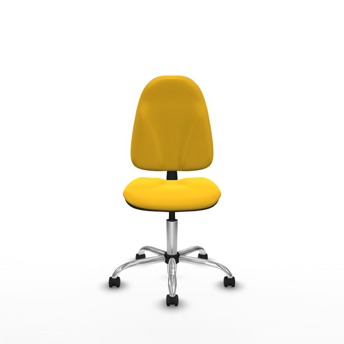 Chaise de bureau Algarra avec mécanisme de contact permanent de base, revêtue de simili cuir jaune. Équipée d'une base chromée, sans accoudoirs et de roulettes autobloquantes Chaise de bureau Algarra avec mécanisme de contact permanent de base, revêtue de simili cuir jaune. Équipée d'une base chromée, sans accoudoirs et de roulettes autobloquantes