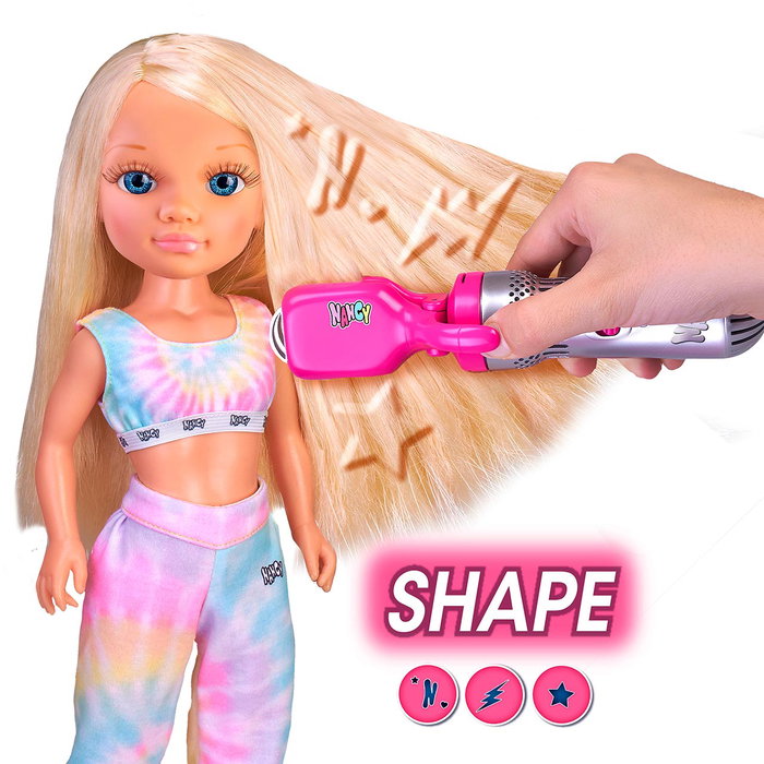 FAMOSA Poupe Nancy Air Styler Nac73000 avec outil de coiffure, cheveux flexibles, mallette de rangement et 5 styles de coiffure