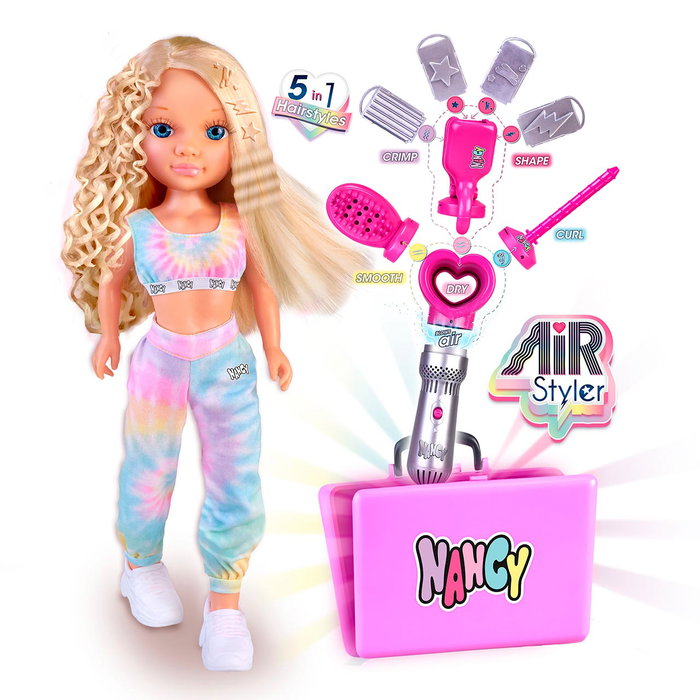 FAMOSA Poupe Nancy Air Styler Nac73000 avec outil de coiffure, cheveux flexibles, mallette de rangement et 5 styles de coiffure