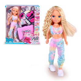 FAMOSA Poupe Nancy Air Styler Nac73000 avec outil de coiffure, cheveux flexibles, mallette de rangement et 5 styles de coiffure
