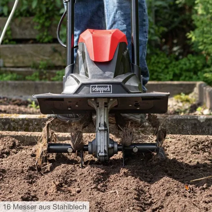 Scheppach Motobineuse Electrique MTE380 1050W, Largeur Travail 36 cm, Profondeur 20 cm, 16 Couteaux, Pour Preparation Sol et Jardin