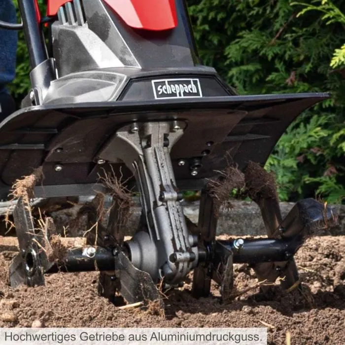 Scheppach Motobineuse Electrique MTE380 1050W, Largeur Travail 36 cm, Profondeur 20 cm, 16 Couteaux, Pour Preparation Sol et Jardin