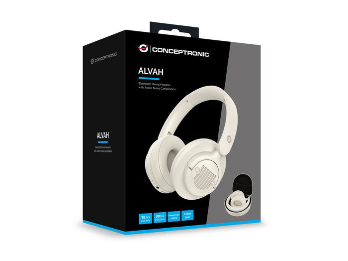 Conceptronic ALVAH02C Casque Bluetooth sans fil avec réduction de bruit active ANC, couleur crème