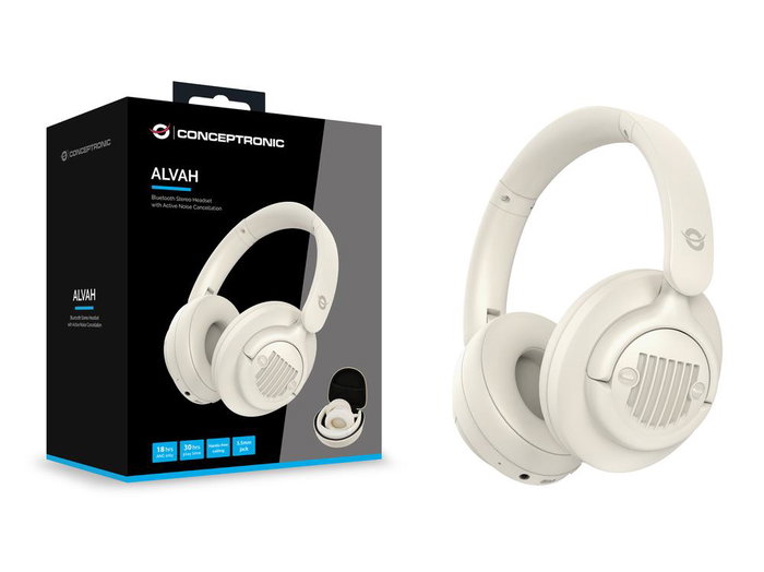 Conceptronic ALVAH02C Casque Bluetooth sans fil avec réduction de bruit active ANC, couleur crème