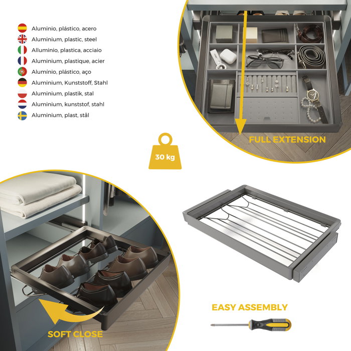 Emuca Kit tiroir à chaussures et rack ajustable Quartz pour armoires, glissières extension totale et à fermeture douce, Module 80cm, Finition Titane Emuca Kit tiroir à chaussures et rack ajustable Quartz pour armoires, glissières extension totale et à fermeture douce, Module 80cm, Finition Titane
