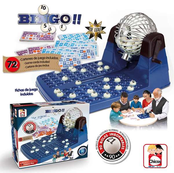 Chicos - Bingo automatique deluxe 72 cartons - Dimensions : 30 x 42 x 23 cm - Langues : espagnol, anglais
