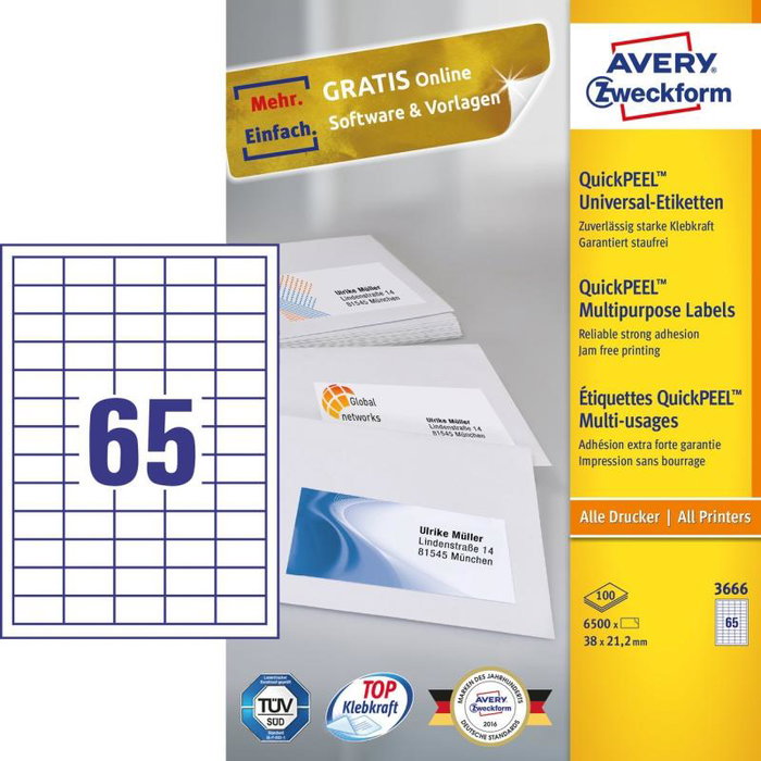 Avery Zweckform - Feuilles d'étiquettes 3666, format 38 x 21,2 mm, pour imprimante A4, blanc