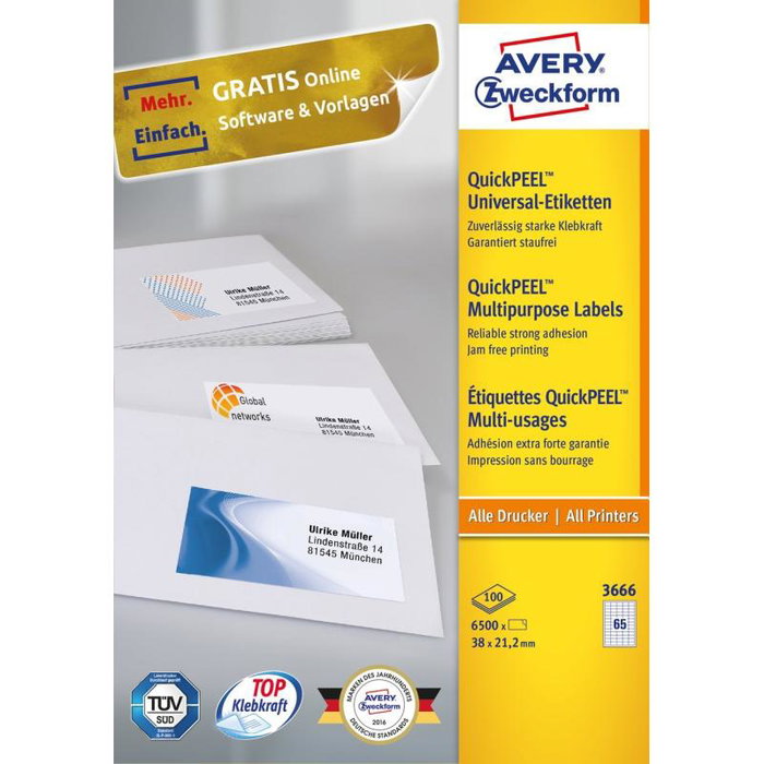 Avery Zweckform - Feuilles d'étiquettes 3666, format 38 x 21,2 mm, pour imprimante A4, blanc