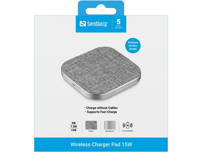 Sandberg Chargeur sans fil PAD 15W, technologie QI, pour smartphone compatible, design élégant Sandberg Chargeur sans fil PAD 15W, technologie QI, pour smartphone compatible, design élégant