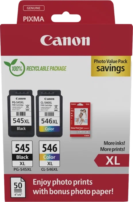 Canon PG-545XL/CL-546XL Value Pack Noir et Couleur avec Papier Photo 50 Feuilles