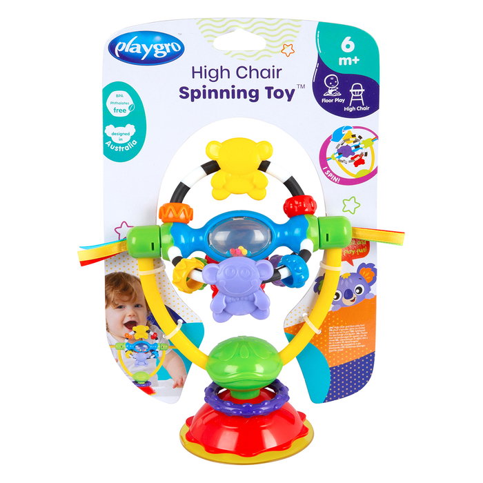 Playgro Jouet Giratoire pour Chaise Haute 0182212 Sonore avec Anneaux Texturés et Base à Ventouse Multilingue dès 6 Mois