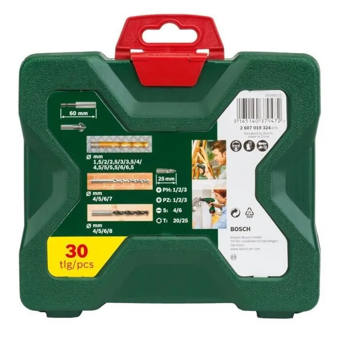 Bosch Coffret d'accessoires pour perçage et vissage X-Line Titanium 30 pièces - 11 forets HSS-TiN, 4 forets, 4 mèches à bois