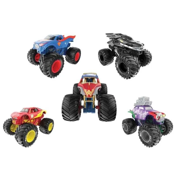Monster Jam Coffret de 5 Véhicules Die-Cast 1:64 DC Comics - Batman, Superman, Joker, Wonderwoman, Flash - Pour Enfants 3 ans et plus