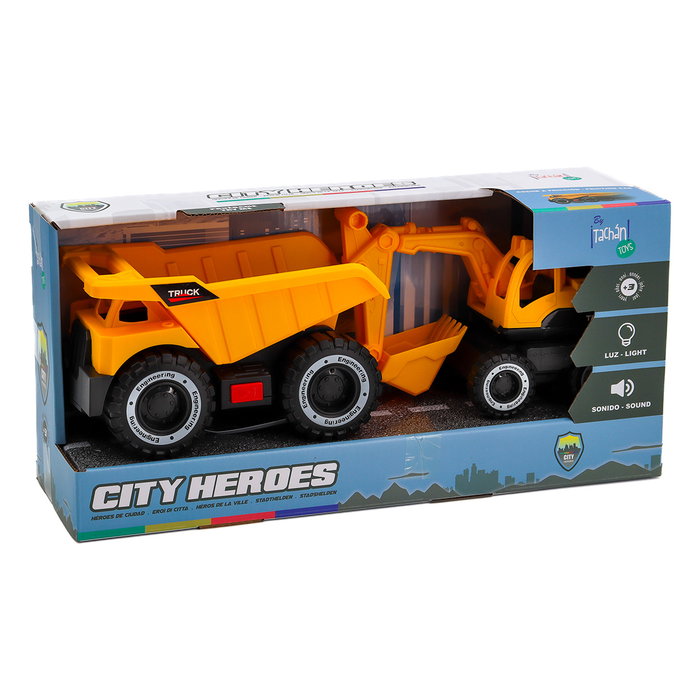 TACHAN Set Camion Bénne et Excavatrice - Jouet Fonctionnel avec Lumière et Son - Échelle 1:12 - Heroes De Ciudad - Recommandé à partir de 3 ans