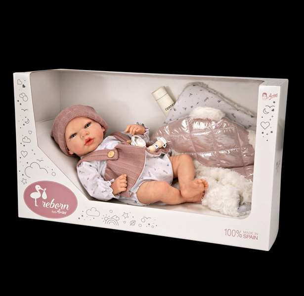 Muñecas Arias - Poupée reborn Sandra avec couverture de 40 cm, corps souple - Jeu en espagnol