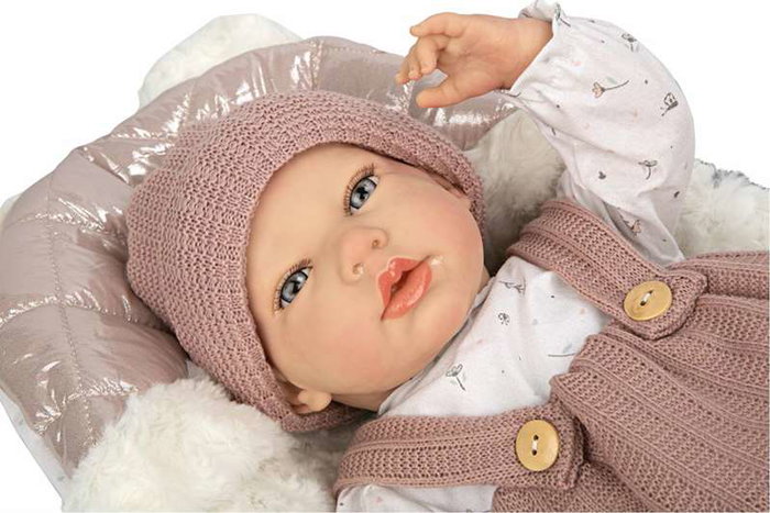 Muñecas Arias - Poupée reborn Sandra avec couverture de 40 cm, corps souple - Jeu en espagnol