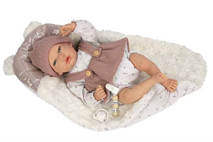 Muñecas Arias - Poupée reborn Sandra avec couverture de 40 cm, corps souple - Jeu en espagnol