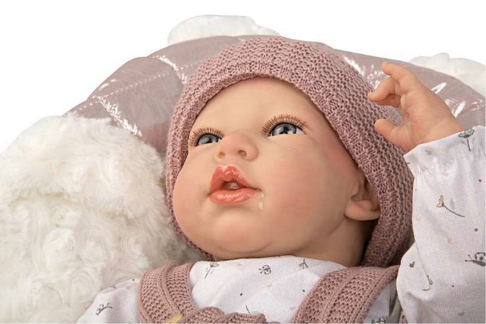 Muñecas Arias - Poupée reborn Sandra avec couverture de 40 cm, corps souple - Jeu en espagnol