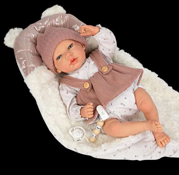 Muñecas Arias - Poupée reborn Sandra avec couverture de 40 cm, corps souple - Jeu en espagnol