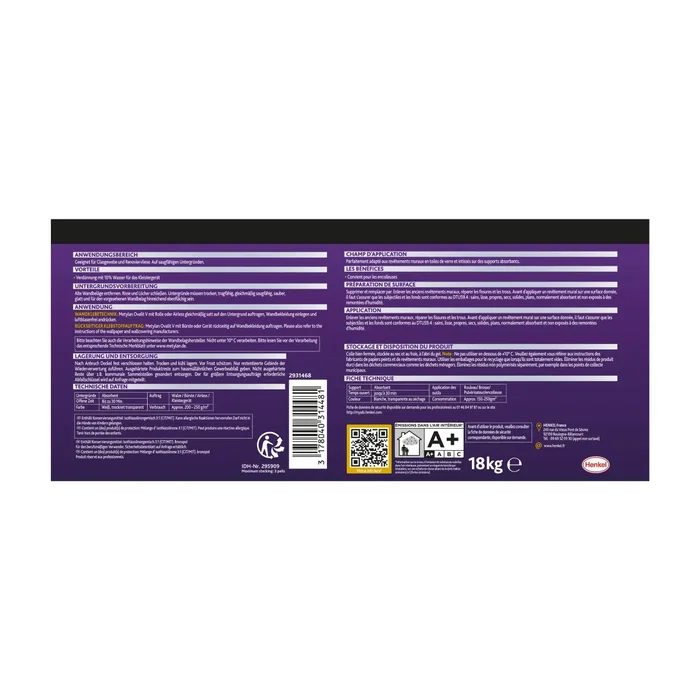 Metylan Colle à papier peint prête à l'emploi Ovalit V pour toiles fibres de verre, rendement 200 g/m², 18 kg