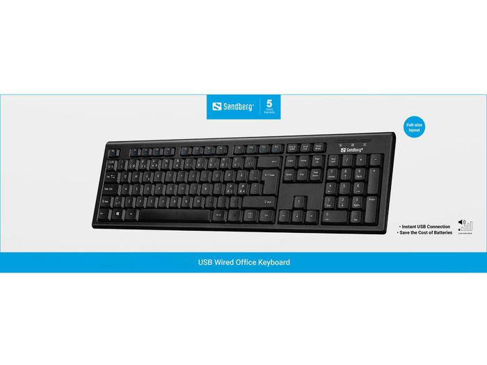 Sandberg Clavier de Bureau Filaire USB, Disposition Nord, Touches Sourdes