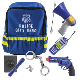 TACHAN Mochila de Police avec 7 Accessoires - Jouet d'Imitation Policier avec Téléphone, Menottes, Badge, Mégarphone, Pistolet, Lampe Torche et Sifflet
