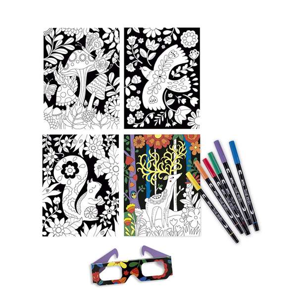 Apli Coloring 3D - Kit de coloriage 3D avec feuilles et lunettes, création d'effet 3D au coloriage, dimensions 19,3 x 5,5 x 26,4 cm