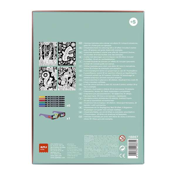 Apli Coloring 3D - Kit de coloriage 3D avec feuilles et lunettes, création d'effet 3D au coloriage, dimensions 19,3 x 5,5 x 26,4 cm