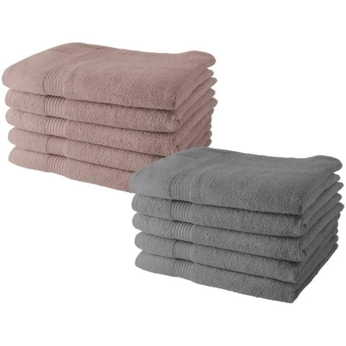 Today Essential - Lot de 10 serviettes de toilette 50x90 cm - 100% coton - 5 roses des sables + 5 acier - 450 g/m² Today Essential - Lot de 10 serviettes de toilette 50x90 cm - 100% coton - 5 roses des sables + 5 acier - 450 g/m²