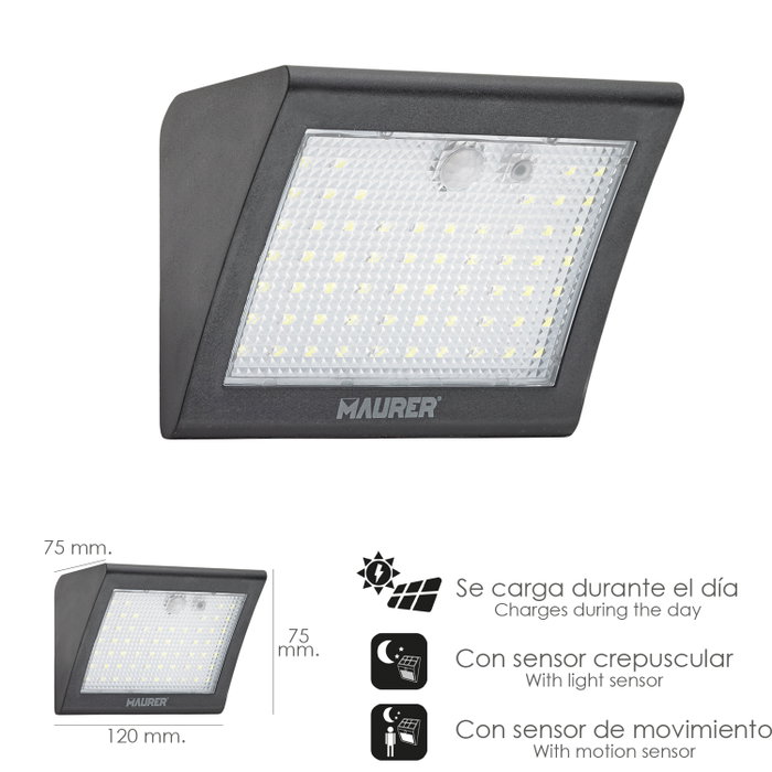 MAURER Applique Solaire LED 250 Lumens avec Capteur de Mouvement et Crépusculaire IP65