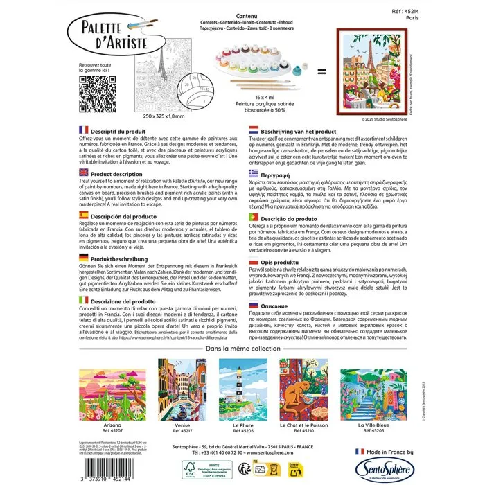 Sentosphere - Palette d'artiste Paris - Peinture acrylique à numéros pour adultes - Kit créatif avec tableau en carte toilée - Peinture avec 50% d'ingrédients bio-sourcés