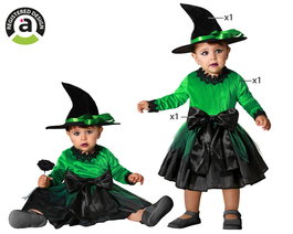Déguisement de Sorcière Bébé Fille 12-24 Mois - Vert - Avec Robe Décorée et Chapeau Pointu pour Halloween