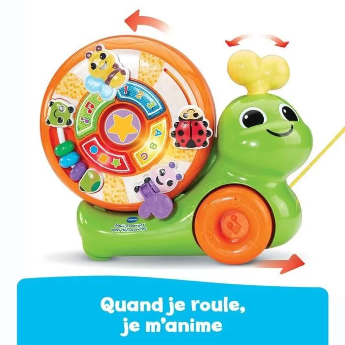 Vtech Rouli-Escargot Maxi Découvertes - Jouet à tirer musical d'éveil pour bébé avec sons et lumières, en français