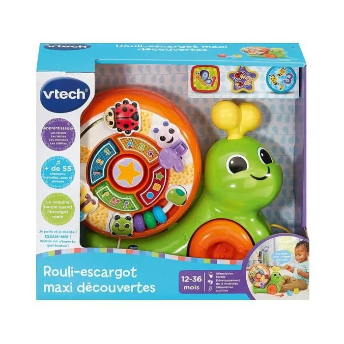 Vtech Rouli-Escargot Maxi Découvertes - Jouet à tirer musical d'éveil pour bébé avec sons et lumières, en français