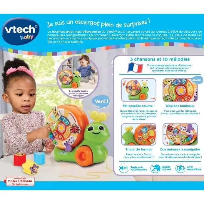 Vtech Rouli-Escargot Maxi Découvertes - Jouet à tirer musical d'éveil pour bébé avec sons et lumières, en français