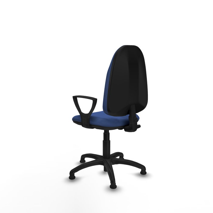 Chaise de bureau Algarra avec mécanisme de contact permanent de base, recouverte de tissu bleu marine. Équipée d'une base en polyamide noir, d'accoudoirs fixes et de butées