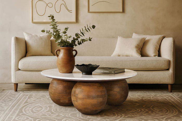 GINER Y COLOMER Table de salon ronde en marbre blanc et bois de teck avec base en aluminium doré vintage - Design contemporain et élégant