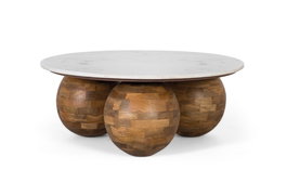 GINER Y COLOMER Table de salon ronde en marbre blanc et bois de teck avec base en aluminium doré vintage - Design contemporain et élégant