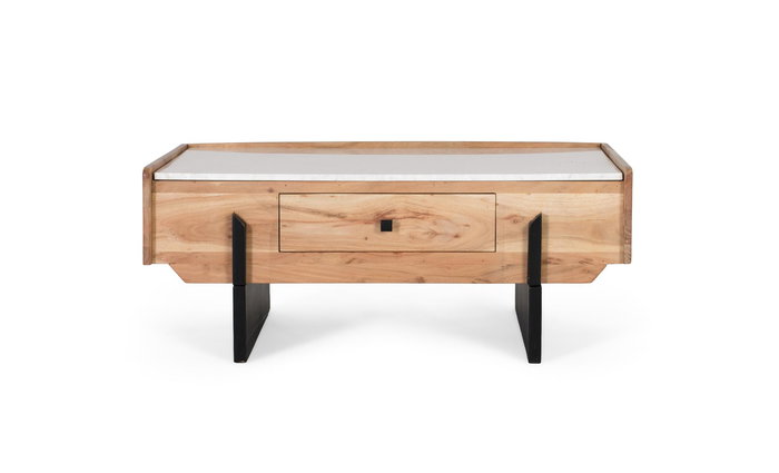 GINER Y COLOMER - Table basse en bois d'acacia massif et marbre blanc avec tiroir traversant et pieds métalliques noirs - Design moderne GINER Y COLOMER - Table basse en bois d'acacia massif et marbre blanc avec tiroir traversant et pieds métalliques noirs - Design moderne